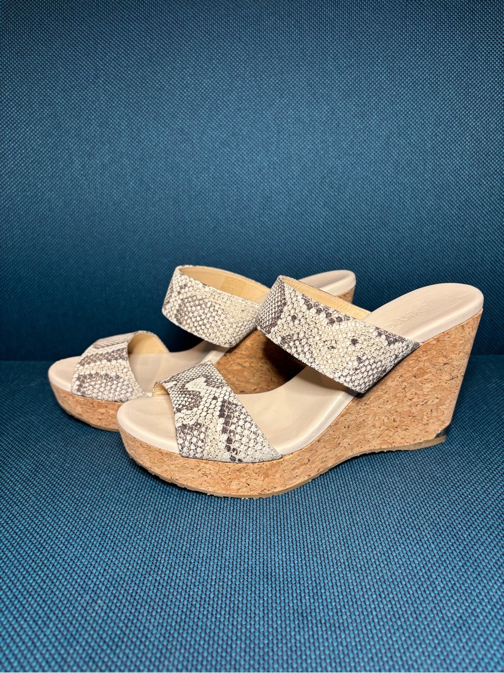 Jimmy Choo Women’s Snake Print Leather Cork Wedge Slide Sandals Cream/Tan- EU 40